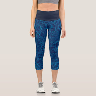 Leggings Capri Motif floral bleu damassé ornemental