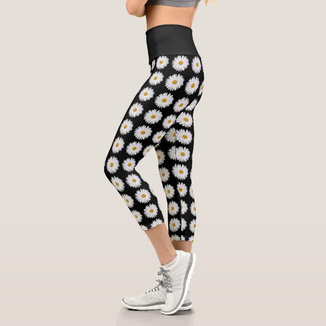 Leggings Capri Motif floral marguerrier blanc sur noir (Gauche)