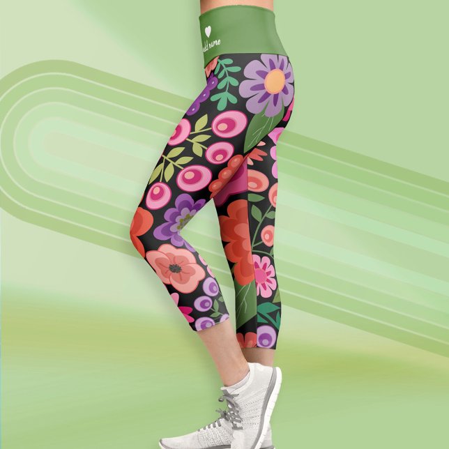 Leggings Capri Motif floral noir tendance avec Monogramme personn (Custom Leggings)