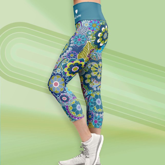 Leggings Capri Motif floral rétro funky avec nom - bleu turquoise (Custom Leggings)