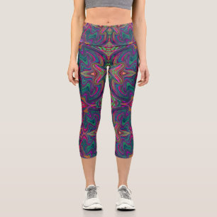 Leggings Capri Motif ondulé vert, orange et violet trippy cool