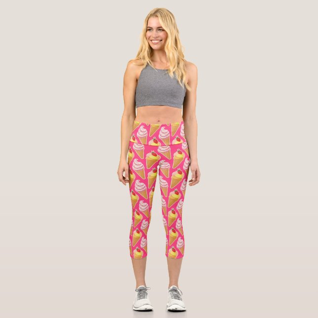 Leggings Capri Motif rose Kawaii avec crème glacée aux fraises (Recto)