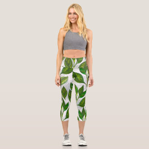 Leggings Capri Motif sans couture avec Feuilles de thé vert