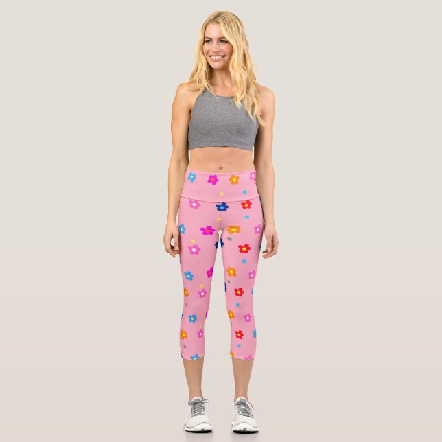 Leggings Capri Motif vintage à fleurs rétro rose (Recto)