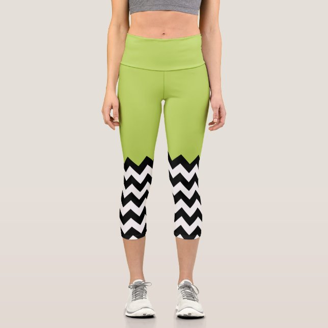 Leggings Capri Motif Zigzag noir et blanc, Chevron, Vert (Recto)