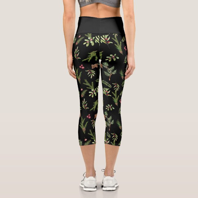 Leggings Capri Noir Noël botanique élégant moderne (Verso)