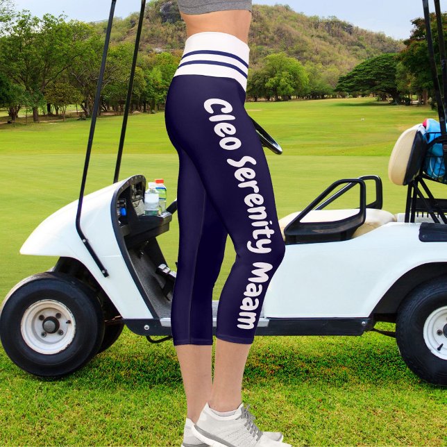 Leggings Capri Nom de chat de animal de compagnie rayé bleu blanc (Créateur téléchargé)