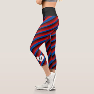 Leggings Capri Nom Monogramme Cœurs Mignons Ombre Rayures Bleu