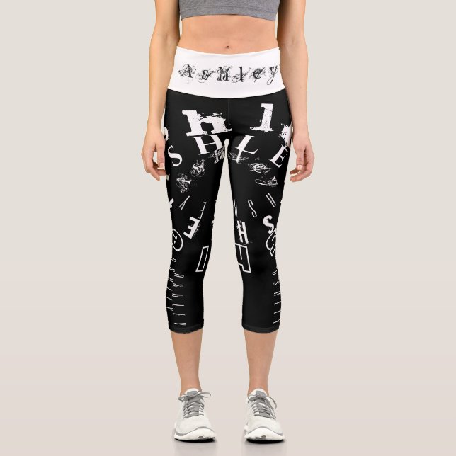 Leggings Capri Nom répétitif 6 lettres blanc noir HWCL (Recto)
