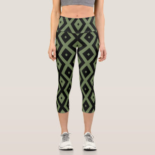 Leggings Capri Olive green and black diamond pattern