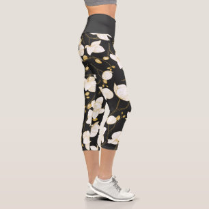 Leggings Capri Or, noir et blanc élégant orchidée floral moderne