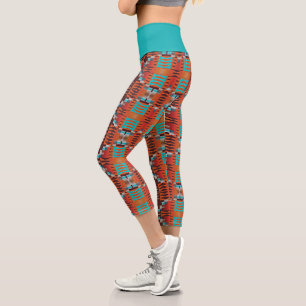 Leggings Capri Orange Brown Turquoise Bleu Ethnic Mosaic Motif