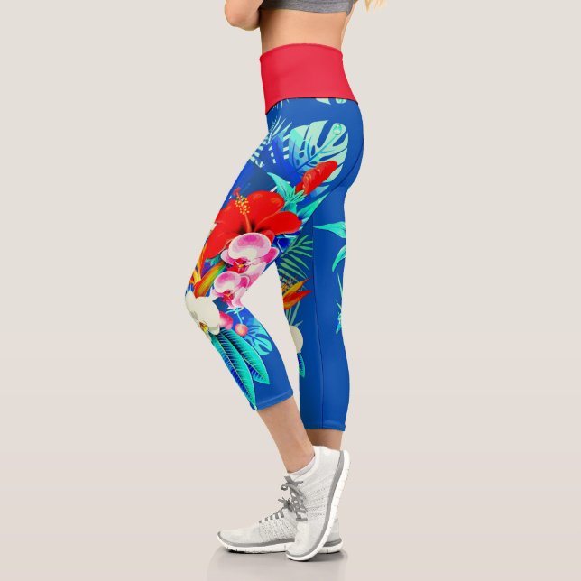 Leggings Capri Palmier d'orchidée tropicale feuille bleu floral h (Gauche)
