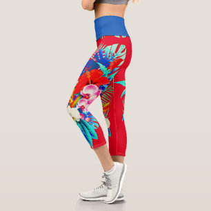 Leggings Capri Palmier d'orchidée tropicale feuille rouge floral 