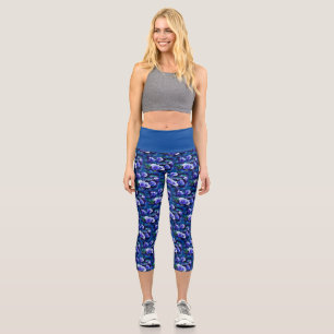 Leggings Capri Pansies Bleues Fleur Pansy Floral Turquoise "Amour