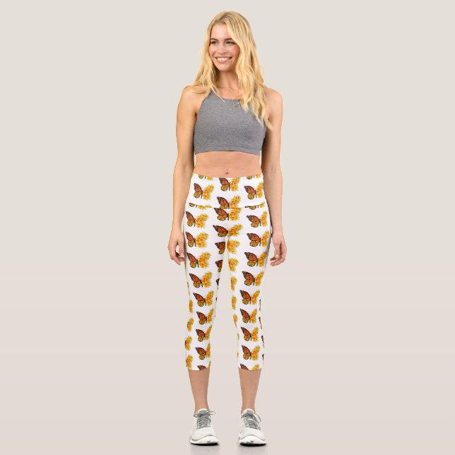 Leggings Capri Papillon fleur avec pavot de Californie jaune (Recto)