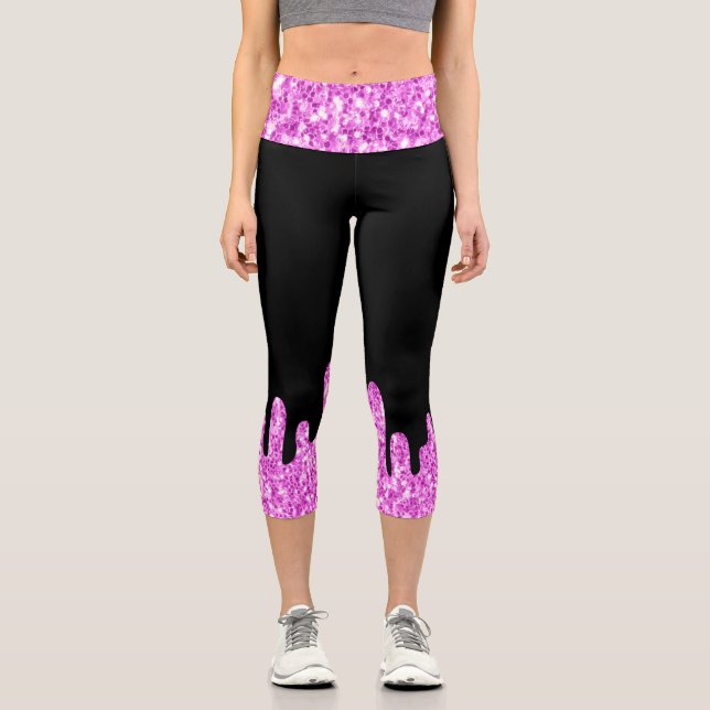 Leggings Capri Parties scintillant à gouttes rose noir (Recto)