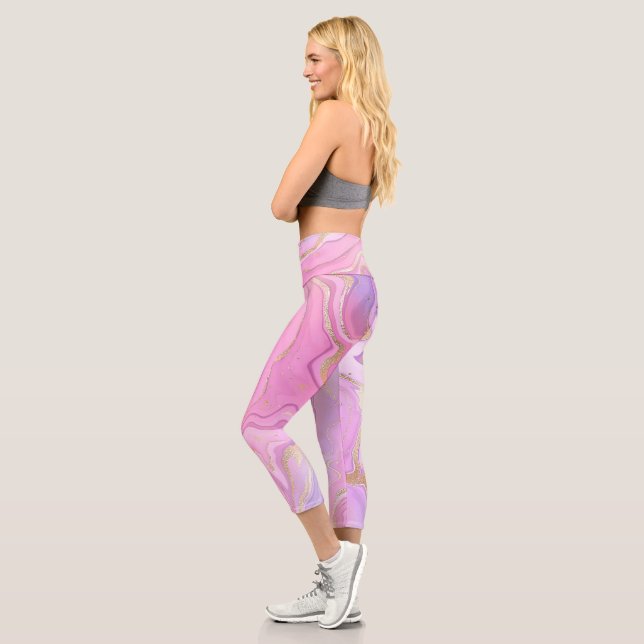 Leggings Capri Parties scintillant en marbre rose violet or (Gauche)