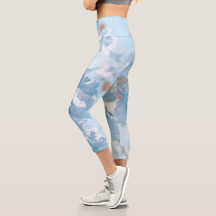 Leggings Capri Pastel Bleu Doux Jacaranda Arbre Fleurs Fleurs