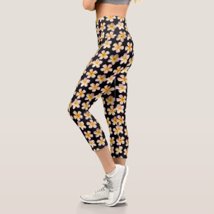 Leggings Capri Pastel Frangipani Plumeria Fleurs sur Noir