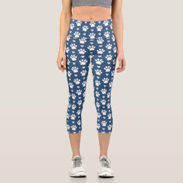 Leggings Capri Pattern of paws, Dog paws, White paws, Blue Hearts
