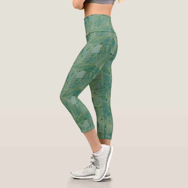 Leggings Capri Paume vert et or feuille motif (Gauche)