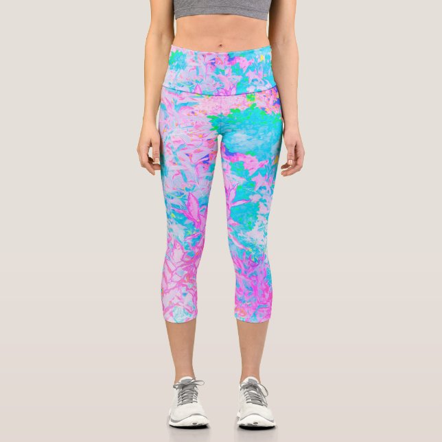 Leggings Capri Paysage Aqua Blue et Hot Pink Hydrangea (Recto)