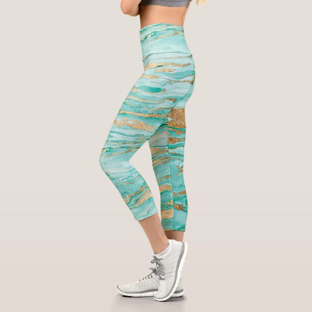 Leggings Capri Peinture Liquide Mint Or Abstrait en Marbre (Gauche)
