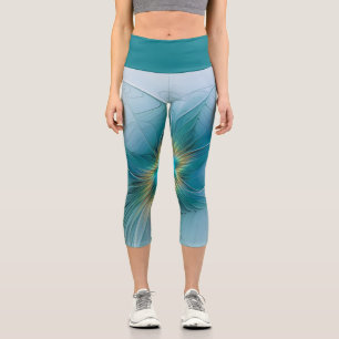 Leggings Capri Petite Beauté Moderne Bleu Or Fractal Art Flower