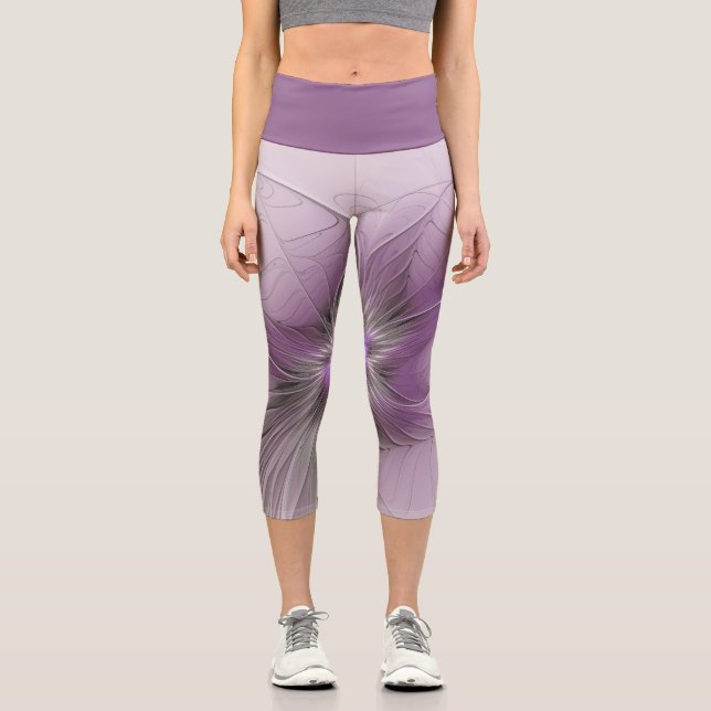 Leggings Capri Petite Beauté Moderne Mauve Grey Fractal Art Flowe (Recto)