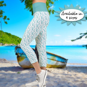Leggings Capri Petits Coeurs Turquoises liés Motif sur blanc