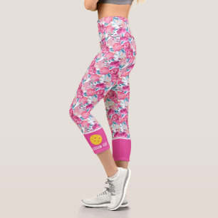 Leggings Capri Pickleball Print, Rose Floral Design Texte personn