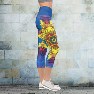 Leggings Capri Pignon psychédélique hippie Fleur Jaune et Bleu