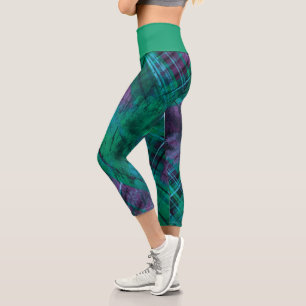 Leggings Capri Plaid Check Purple Green Tartan Emerald Wistband