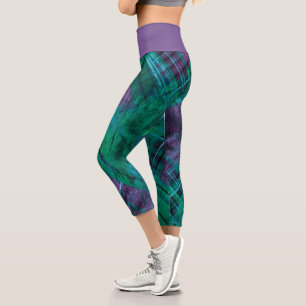 Leggings Capri Plaid Check Purple Green Tartan Mauve ceinture