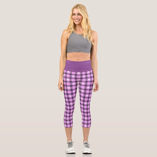 Leggings Capri Plaqué noir et rose avec À damiers Coeurs blancs (Recto)