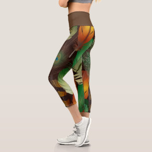 Leggings Capri Plumes, Motif Peacock coloré