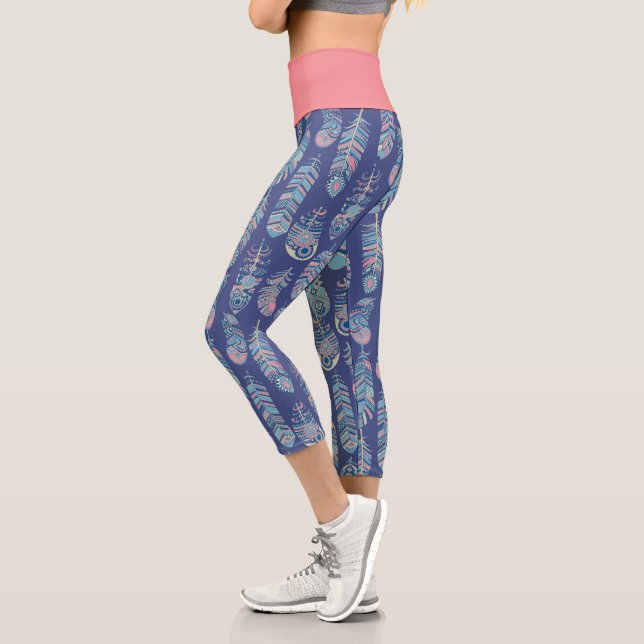 Leggings Capri Plumes tribales Boho Classique bleu rose blanc (Gauche)