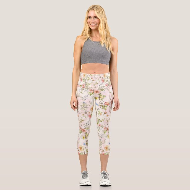 Leggings Capri prairie fleurie de printemps avec papillons (Recto)