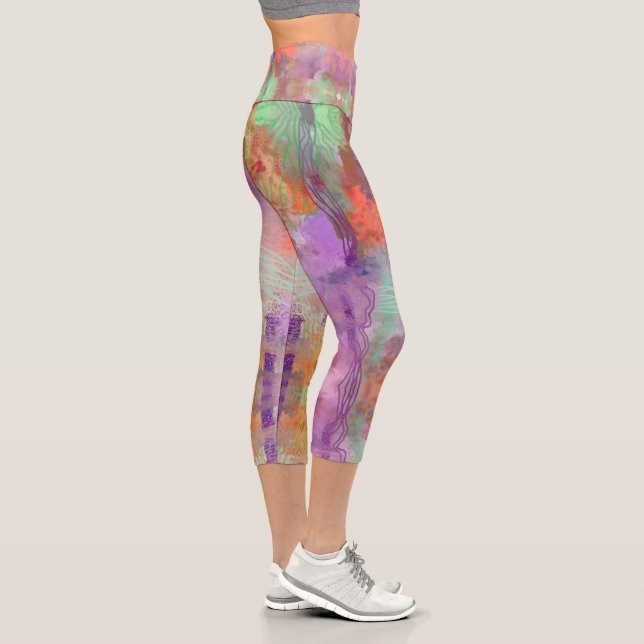 Leggings Capri Psychédélique abstrait menthe vert orange violet (Droite)