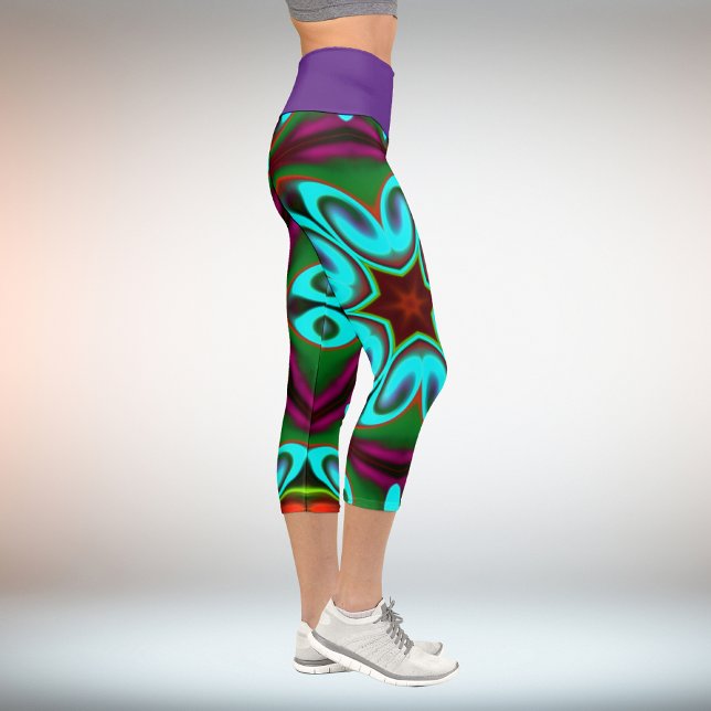 Leggings Capri Psychédélique Hippie Fleur Bleu Vert et Violet Le (Créateur téléchargé)