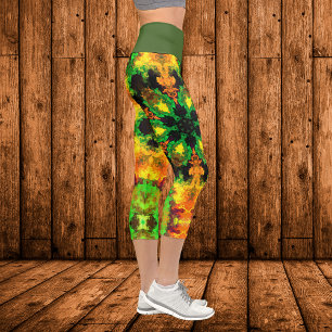 Leggings Capri Psychédélique Hippie Fleur vert orange et jaune