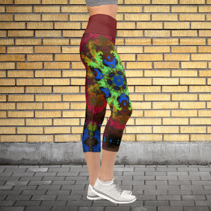 Leggings Capri Psychédélique Mandala Fleur Vert Bleu et Rouge