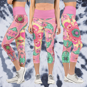 Leggings Capri Psychédélique Mandala Flower vert rose et jaune