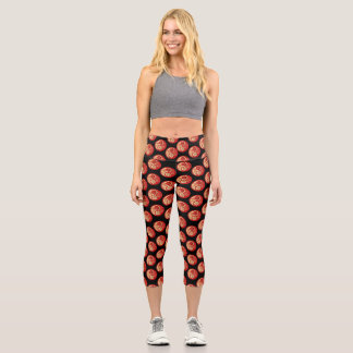 Leggings Capri Red and Gold Floral Scattered Black Background