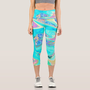 Leggings Capri Rétro Aqua Blue Liquid Art sur Hydrangeas Abstrait