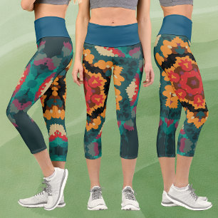 Leggings Capri Rétro Mandala bleu orange et rouge