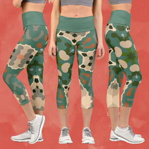 Leggings Capri Retro Mandala Green Brown et orange