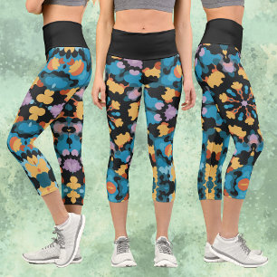 Leggings Capri Rétro Mandala jaune bleu et orange
