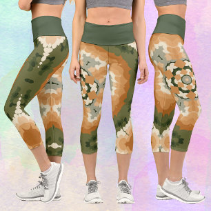 Leggings Capri Retro Mandala Orange Vert et Blanc